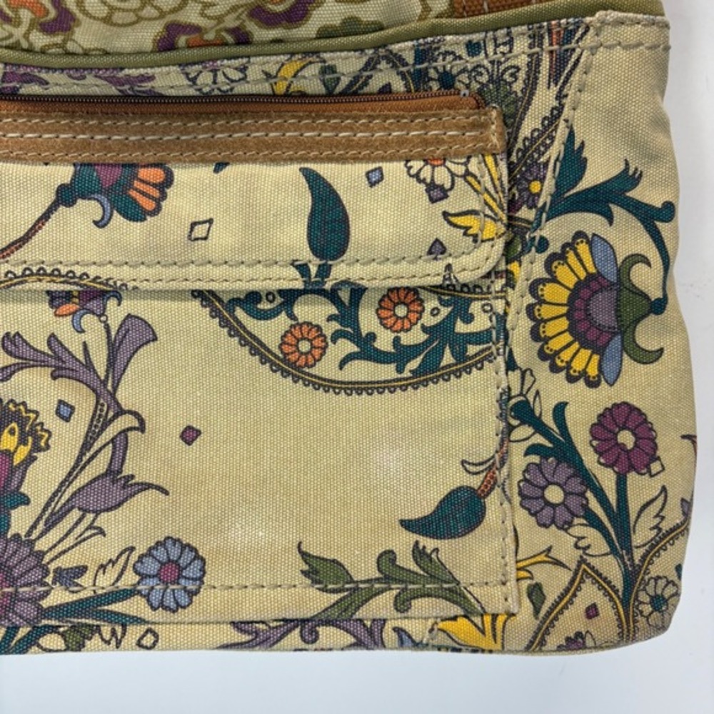 Fossil Canvas Shoulder‎ Bag Paisley Floral Print Leather Trim Zipper Taupe Green - Picture 2 of 8